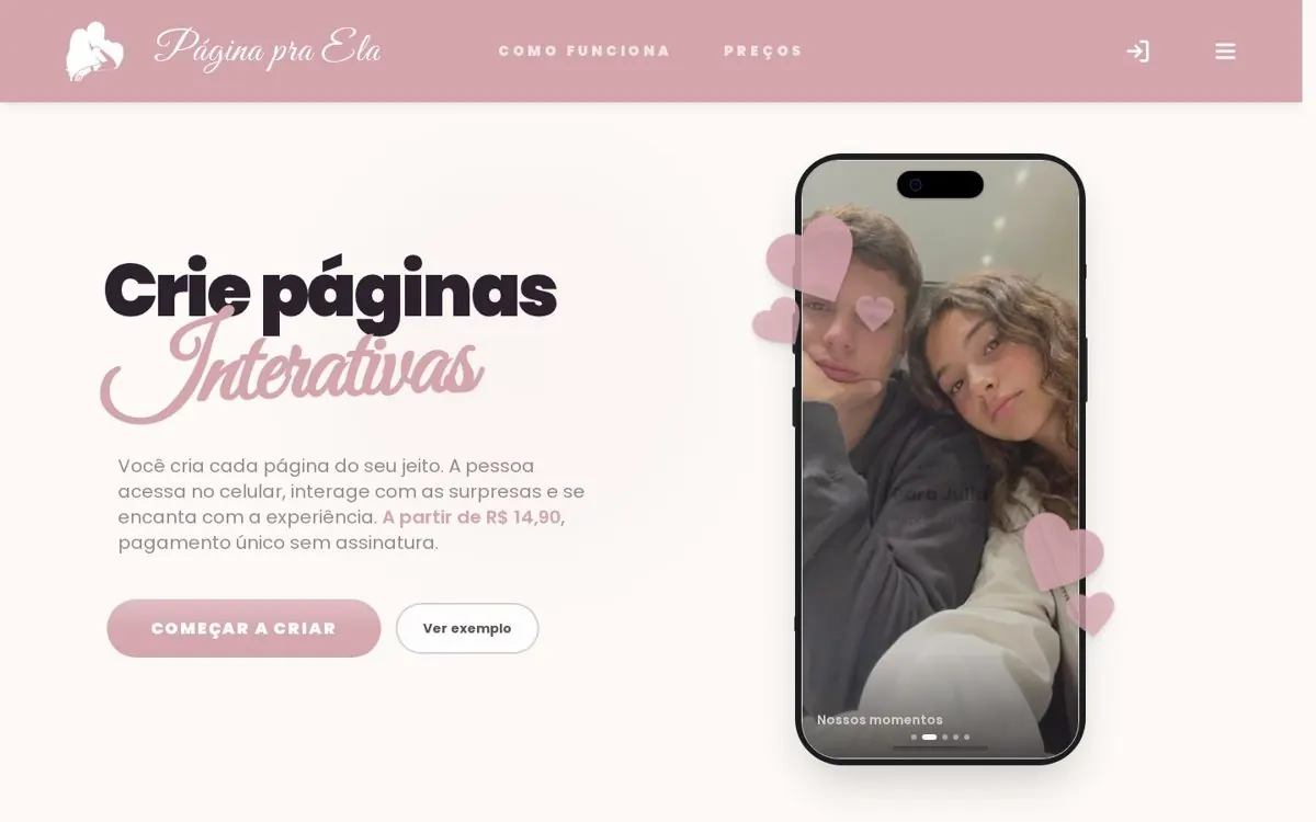 Captura da plataforma de páginas de presente Página Pra Ela